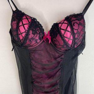 Vintage Y2k Bustier Corset Top. Pink Black With Sheer Lace Detailing